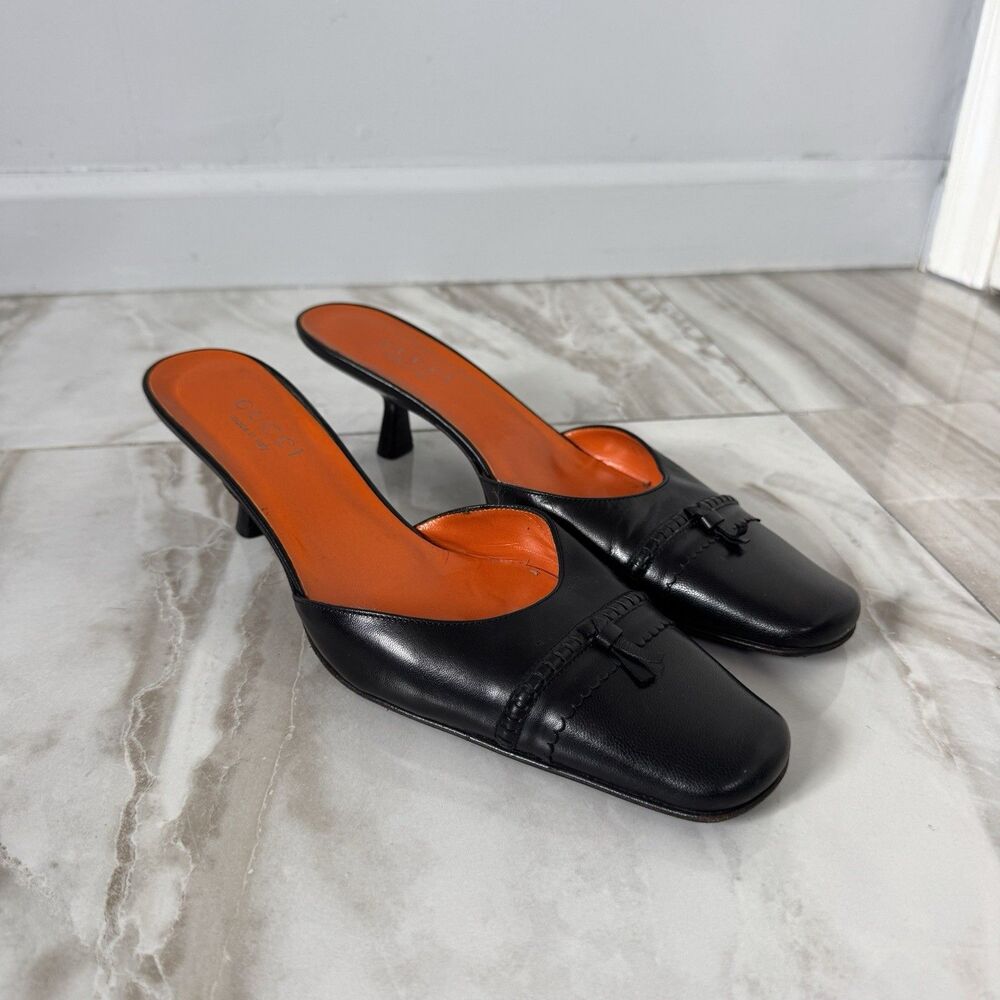 Rare Vintage Tom Ford Gucci Black Leather Square-Toe Mule Kitten Heels Sz 10B